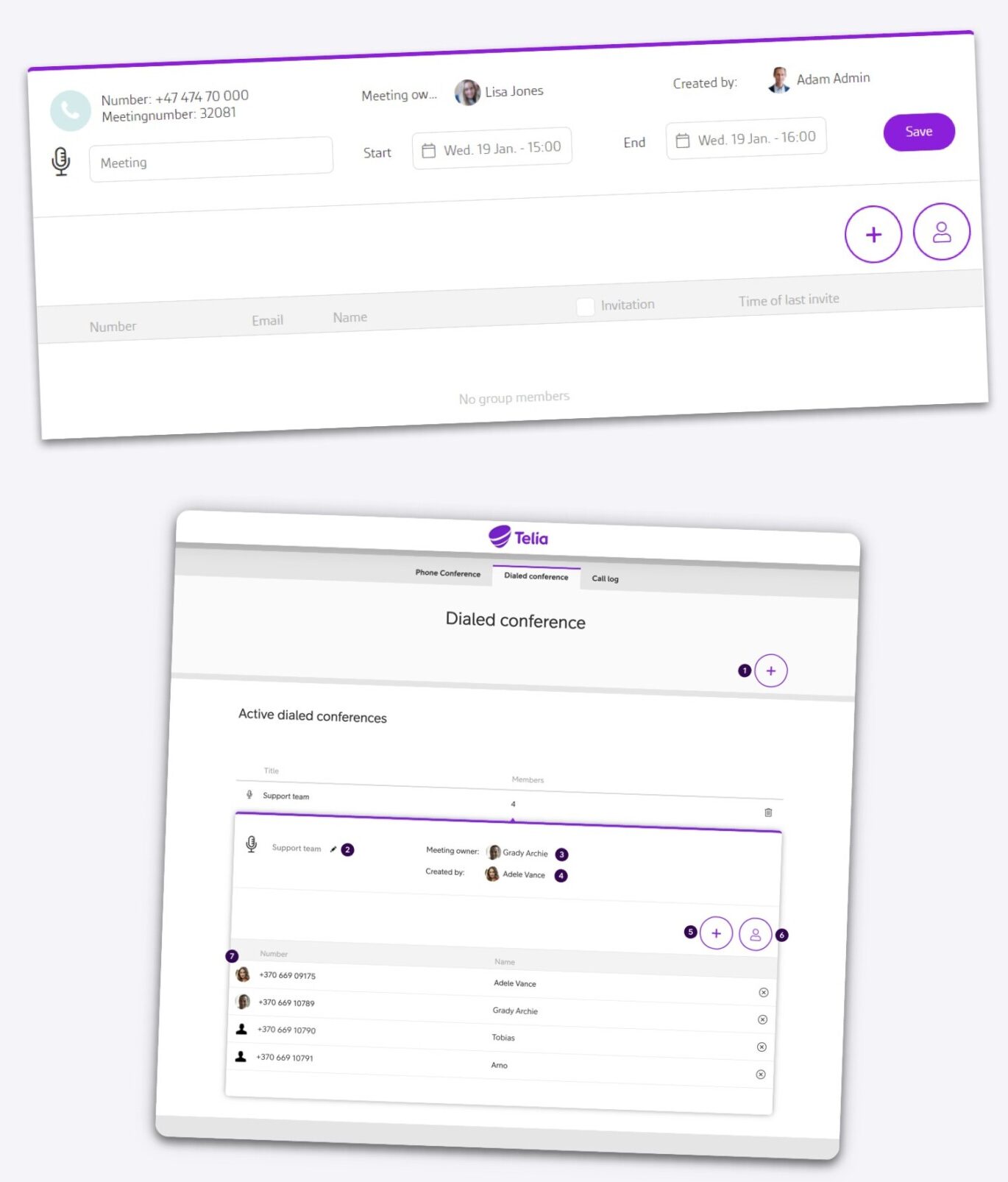 Schedule phone conference; Dialed Phone conference; Telia Smart Connect UI